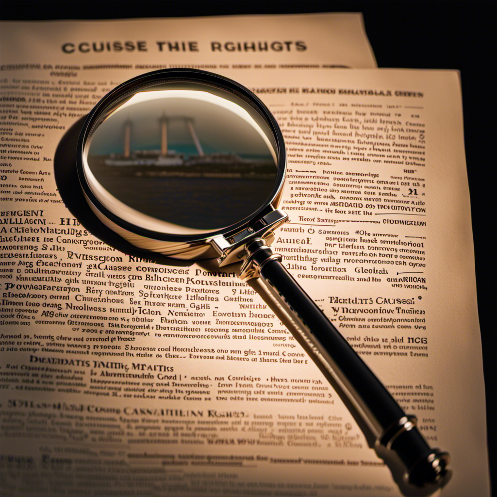 An image showcasing a magnifying glass hovering over a cruise contract, revealing intricate clauses, hidden limitations, and passenger rights