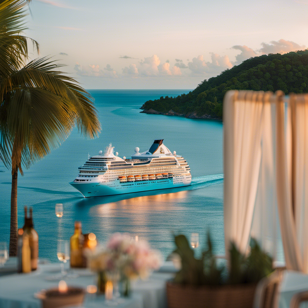 An image that captures the serene beauty of a cruise ship sailing across crystal-clear turquoise waters, surrounded by lush tropical islands, with a couple on the deck, enjoying a romantic sunset together