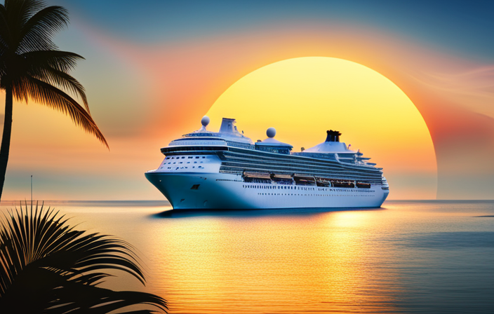 An image of a luxurious cruise ship sailing on crystal blue waters, surrounded by palm-fringed white sandy beaches