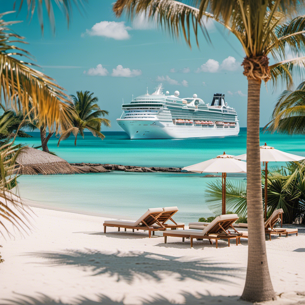 An image showcasing a luxurious cruise ship sailing through crystal-clear turquoise waters, surrounded by palm-fringed white sandy beaches