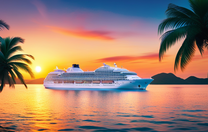 An image capturing the excitement of a cruise adventure: a luxurious cruise ship gliding through crystal-clear turquoise waters, surrounded by picturesque tropical islands, adorned with vibrant palm trees, as the sun sets in a spectacular display of warm hues