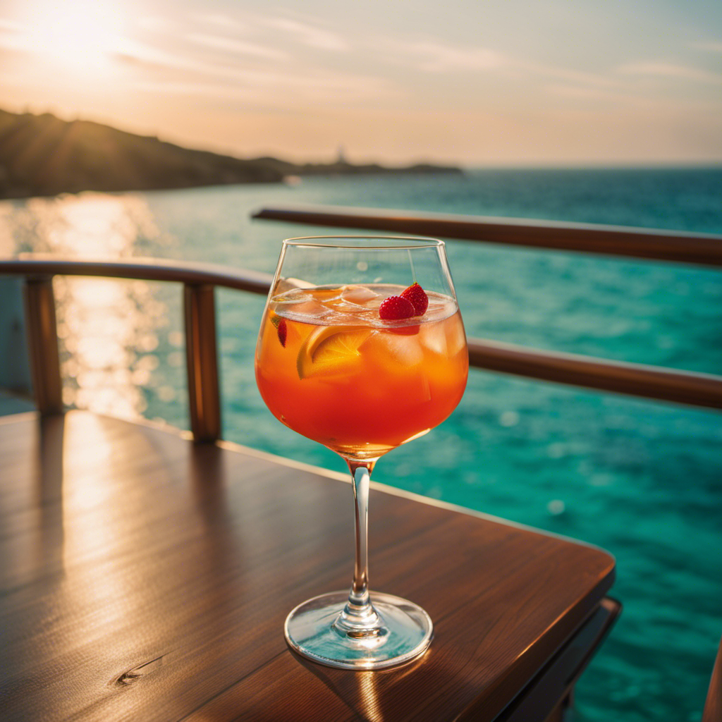 An image of a luxurious cruise ship sailing through crystal-clear turquoise waters, with a vibrant sunset casting a warm glow on the deck