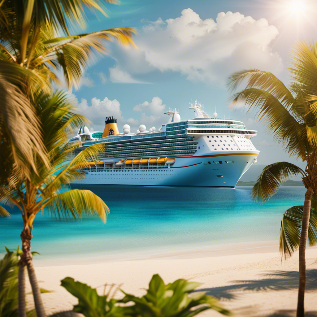 An image showcasing a sun-kissed cruise ship sailing towards a tropical island backdrop