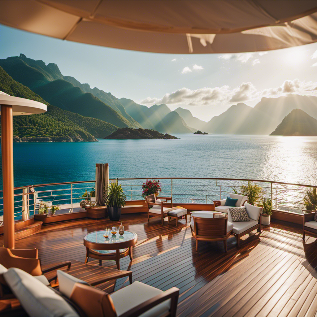An image showcasing an enticing cruise deal: a diverse group of travelers lounging on a luxurious deck, surrounded by azure waters, palm-fringed beaches, and majestic mountains in the backdrop