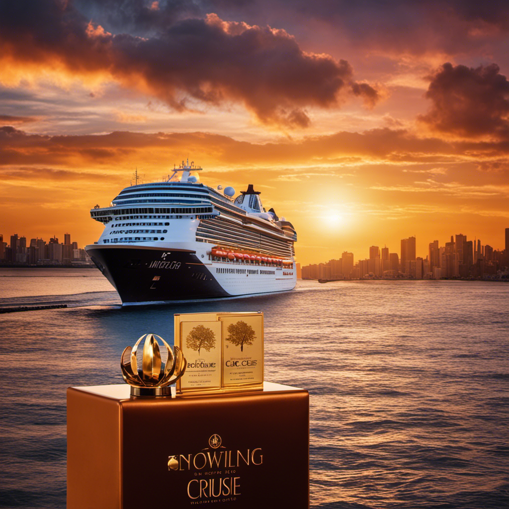 An image showcasing a vibrant cruise ship sailing under a breathtaking sunset, adorned with Fall Finale Promotion banners