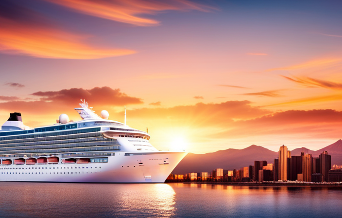 An image showcasing a luxurious cruise ship under a vibrant sunset sky