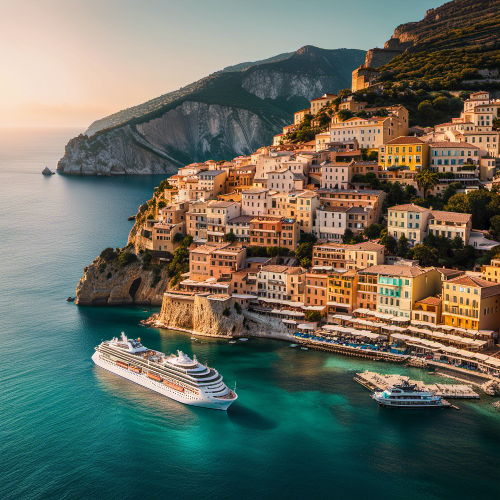 An image showcasing a luxurious cruise ship floating amidst the crystal-clear turquoise waters of the Mediterranean Sea, framed by picturesque coastal cliffs dotted with colorful houses, while a golden sunset paints the sky