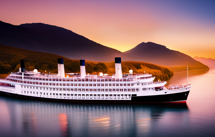 An image showcasing a luxurious American Queen Steamboat cruising down a scenic river, surrounded by picturesque landscapes