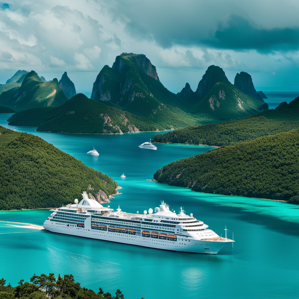 An image showcasing three luxurious cruise ships - Uniworld, Princess, and Windstar - sailing gracefully through turquoise waters, surrounded by breathtaking landscapes