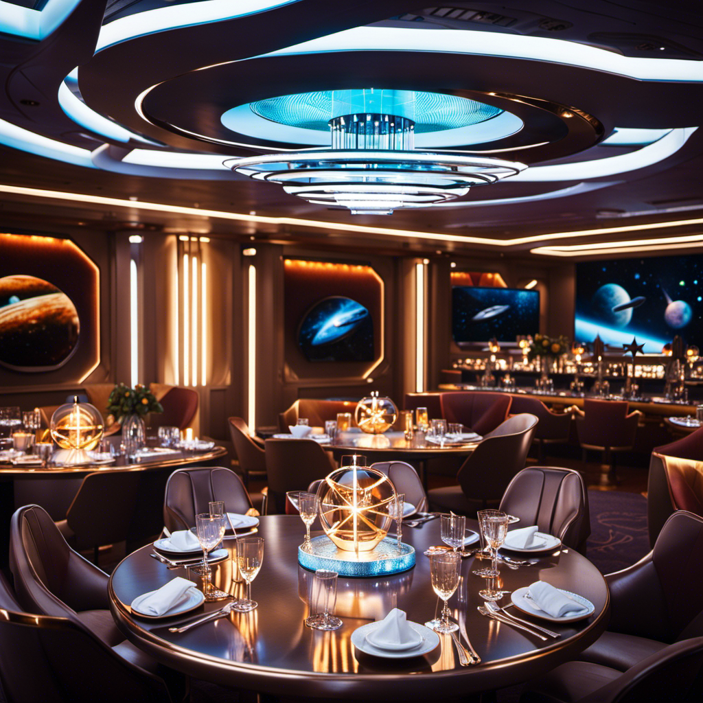 An image showcasing a futuristic spaceship dining area aboard a cruise ship, adorned with sleek metallic furnishings, star-shaped chandeliers, and Star Trek-themed artwork, evoking anticipation for the delayed 2022 Star Trek Theme Experience