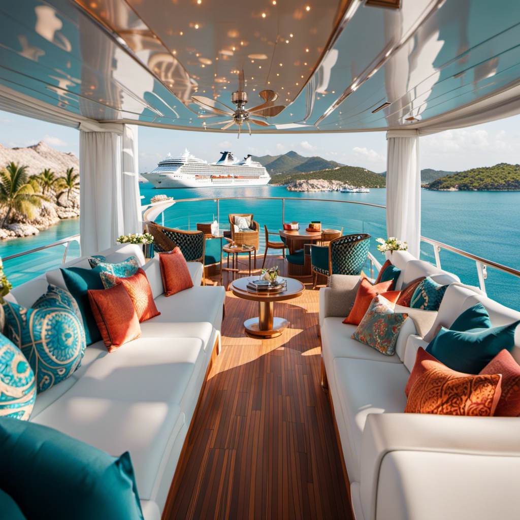 An image showcasing the luxurious experience of a customized cruise: A sleek, modern cruise ship gliding through crystal-clear waters, adorned with vibrant fusion-inspired decor