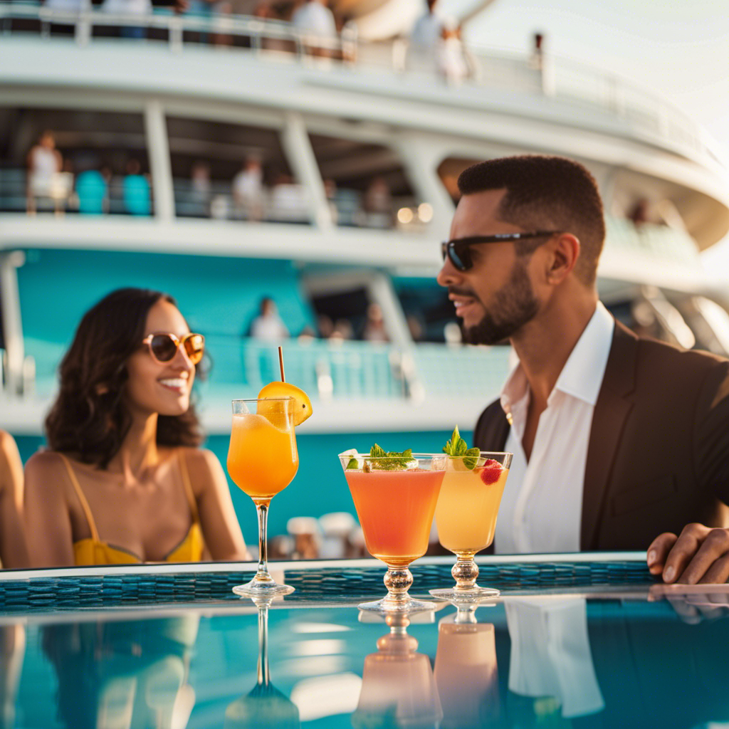 An image showcasing a vibrant poolside bar on a luxurious cruise ship, with bartenders expertly preparing a variety of refreshing drinks, surrounded by happy passengers enjoying their cocktails, against a backdrop of serene blue ocean