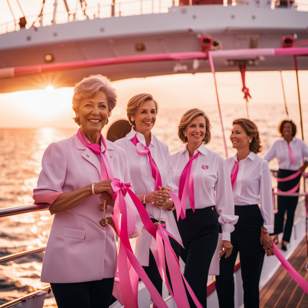 An image featuring a group of cruise executives wearing pink ribbons, symbolizing their support for breast cancer awareness