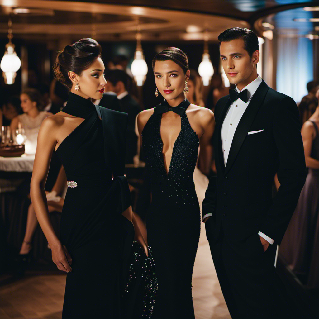 An image capturing the contrasting attire choices on a cruise formal night: a couple elegantly dressed in tuxedo and evening gown, standing beside another couple effortlessly stylish in smart-casual attire