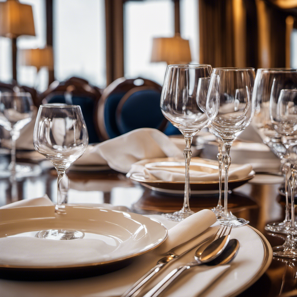 An image showcasing a pristine dining table on a luxurious cruise ship, adorned with elegantly folded napkins and an assortment of polished silverware, symbolizing the importance of cruise gratuities
