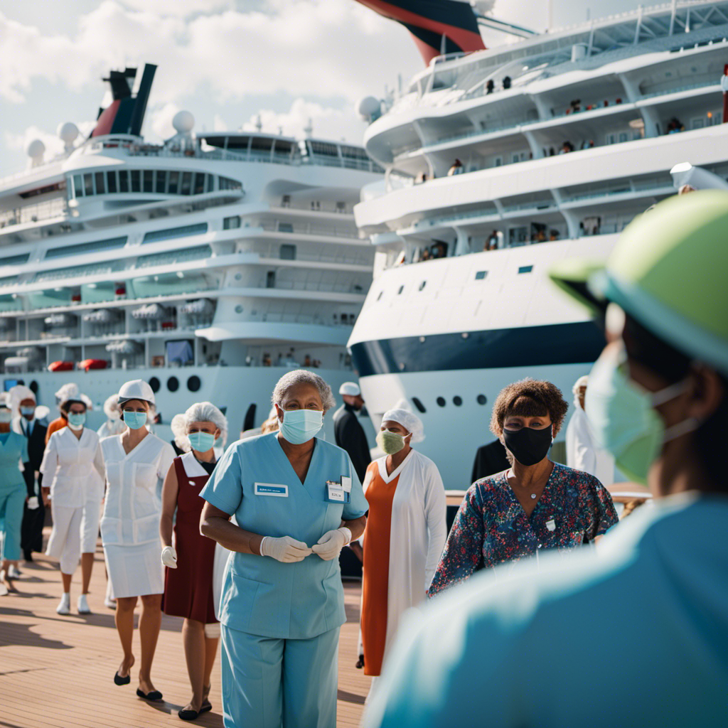 An image showcasing a serene cruise ship deck, with masked passengers maintaining social distance, undergoing temperature checks, and receiving vaccinations from medical professionals in full PPE, emphasizing rigorous health protocols