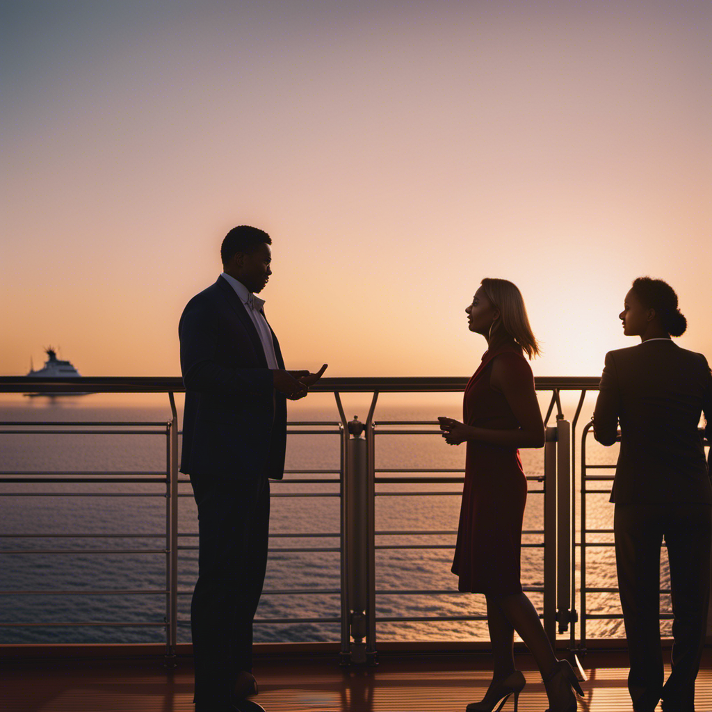 An image showcasing a serene cruise ship deck at sunset, with silhouettes of diverse passengers engrossed in conversations, displaying subtle body language and friendly gestures, ensuring a safe and romantic atmosphere for potential connections