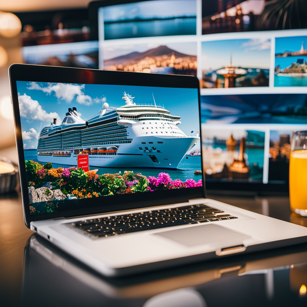 An image showcasing a laptop screen displaying a collage of vibrant cruise ship images, with websites like Expedia, Booking