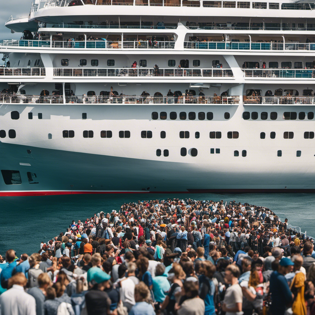 An image of a crowded cruise ship, docked in a port, surrounded by a haze of uncertainty, as concerned passengers wait anxiously on the deck, reflecting the Cruise Industry's response to outbreaks, as criticized by Maher
