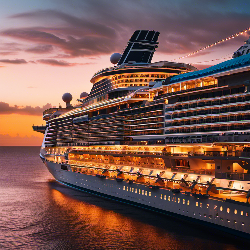 An image capturing the stark contrast of a deserted Royal Caribbean cruise ship docked against a vibrant sunset backdrop, symbolizing the profound impact of the COVID pandemic on the once thriving cruise industry
