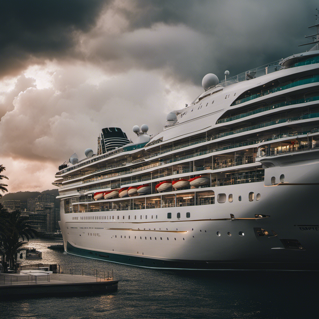 An image of a luxury cruise ship docked in a deserted port, its vibrant exterior contrasting with the eerie stillness of empty streets