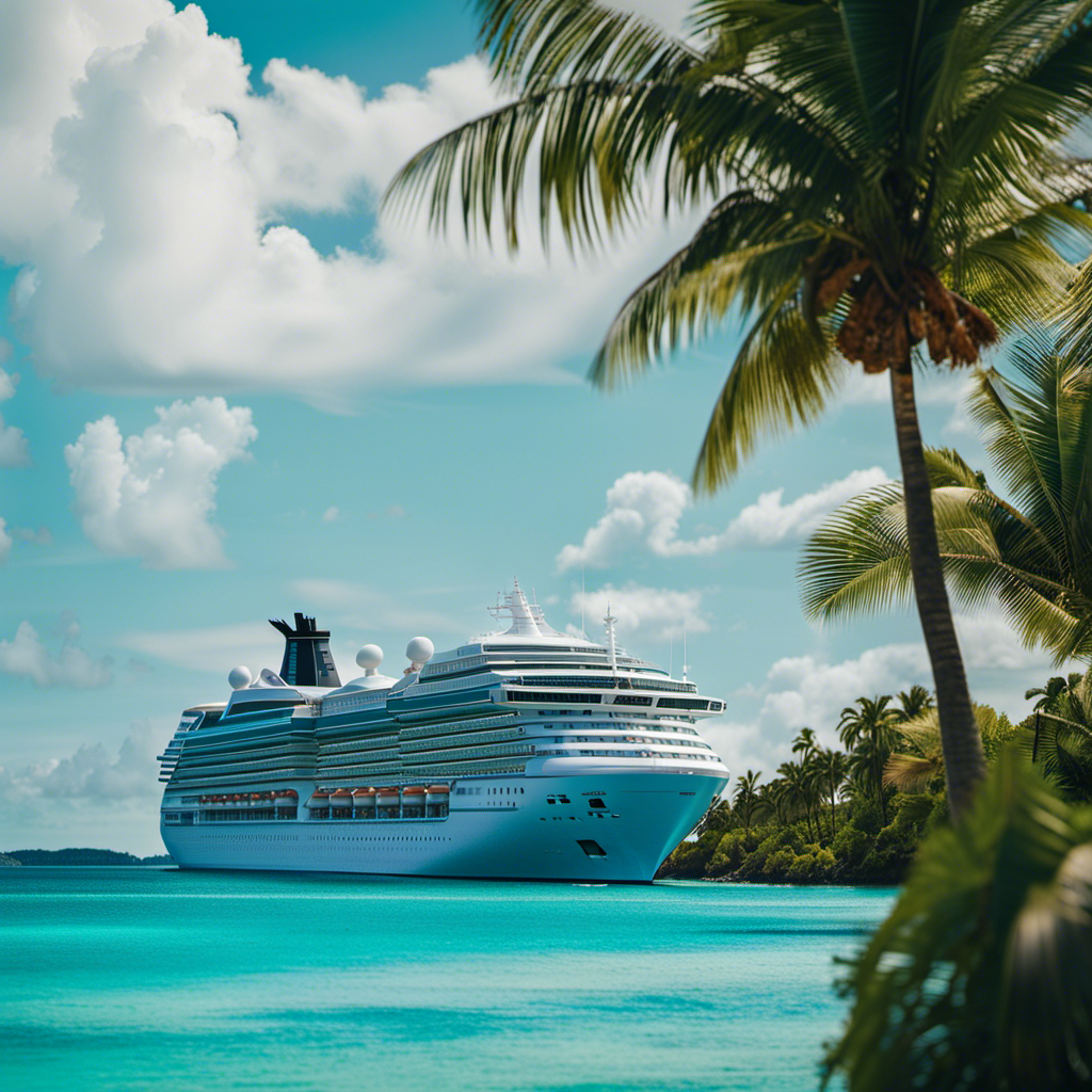 An image showcasing a cruise ship sailing on crystal-clear turquoise waters, surrounded by lush tropical islands