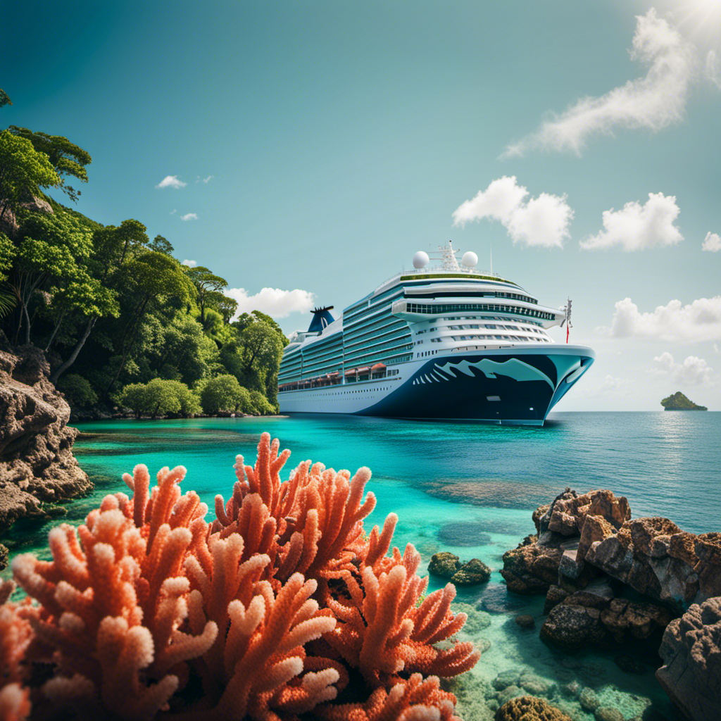 An image showcasing a cruise ship sailing through crystal-clear waters, surrounded by lush greenery and vibrant coral reefs