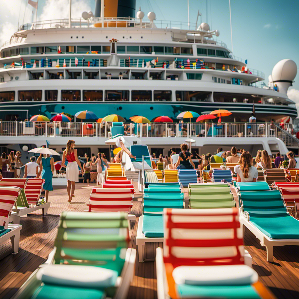 An image that showcases a vibrant, bustling cruise ship deck adorned with colorful deck chairs, people indulging in outdoor activities, and a lively poolside atmosphere, symbolizing the cruise industry's resurgence in a post-pandemic world
