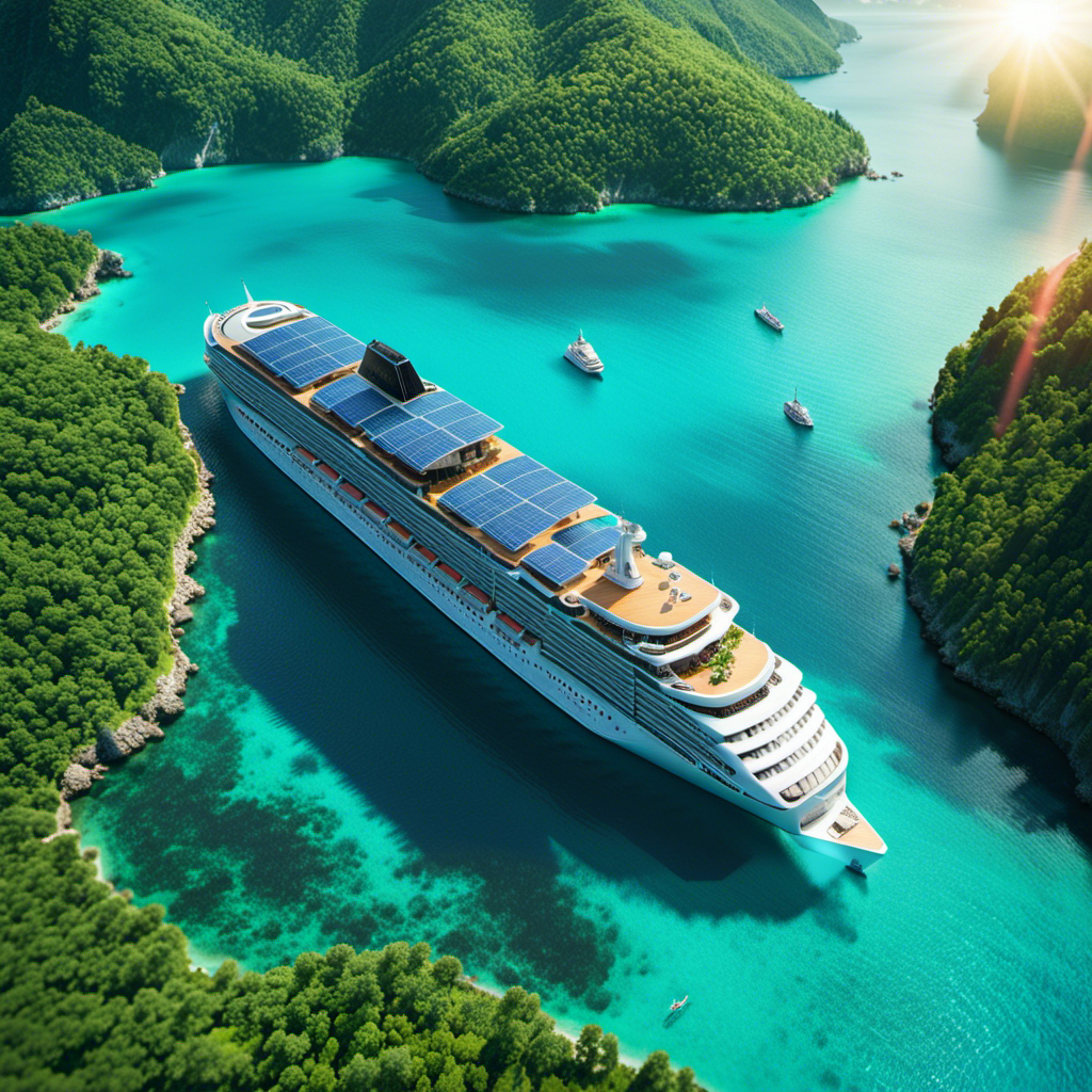 an image depicting a futuristic, eco-friendly cruise ship gliding through crystal-clear turquoise waters, surrounded by lush green islands