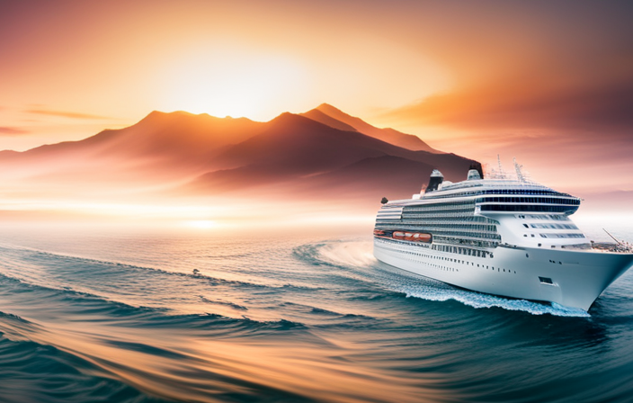 An image that depicts a cruise ship sailing through turbulent waves, with crew members wearing life vests and passengers safely gathered in designated areas, highlighting the cruise industry's safety measures, compensation policies, and future improvements