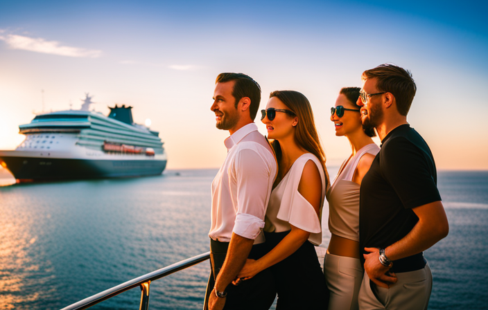 An image featuring a diverse group of cruise influencers sharing insights and tips, surrounded by vibrant cruise ship images, travel maps, and camera lenses