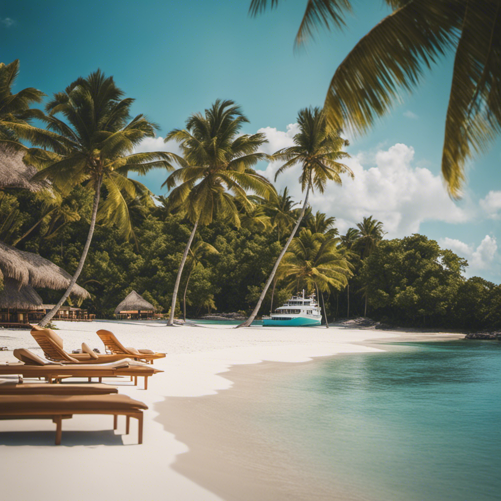 An image capturing the essence of a luxurious private island, with white sandy beaches, crystal-clear turquoise waters, plush cabanas, palm trees swaying gently in the breeze, and a magnificent cruise ship anchored nearby