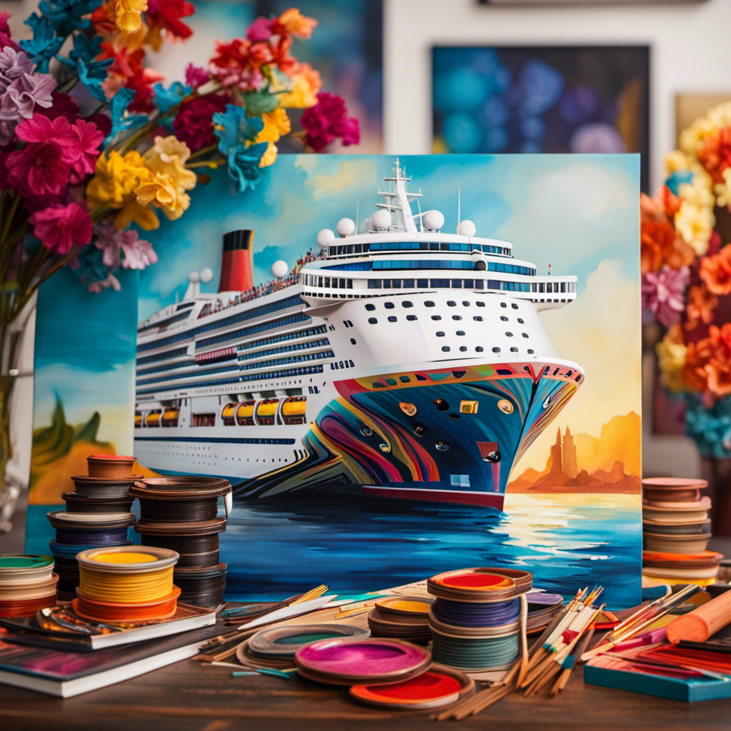 An image showcasing a vibrant cruise ship sailing through a sea of colorful paintbrushes, with an eclectic mix of art pieces hanging from the ship's deck, inviting readers to embrace the exhilaration of auctions and collect one-of-a-kind treasures