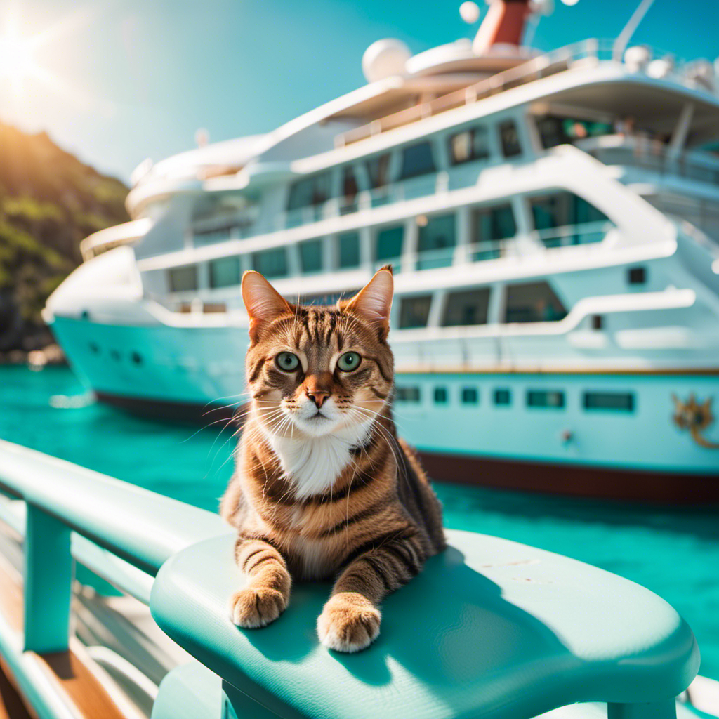 An image showcasing a luxurious cruise ship sailing through turquoise waters, surrounded by playful cats of various breeds, basking in the sun