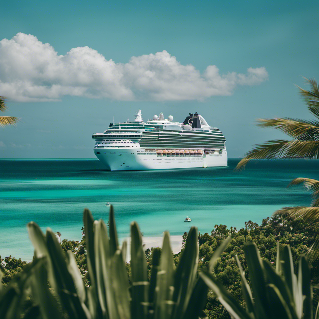An image showcasing a serene, turquoise ocean with a luxurious cruise ship in the foreground