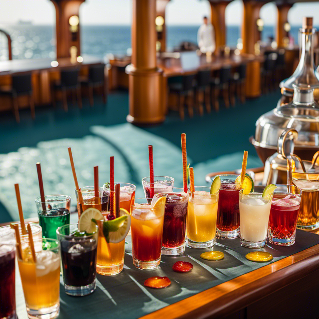 An image showcasing a variety of alcoholic beverages, neatly arranged on a luxurious cruise ship deck, reflecting the vibrant and diverse alcohol policies of cruise lines