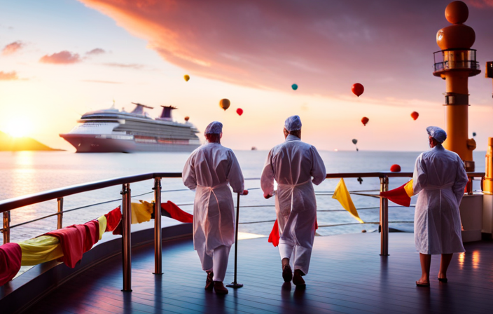 An image showcasing a cruise ship deck adorned with colorful banners displaying vaccination symbols, while masked crew members diligently disinfect common areas, ensuring a safe and enjoyable voyage