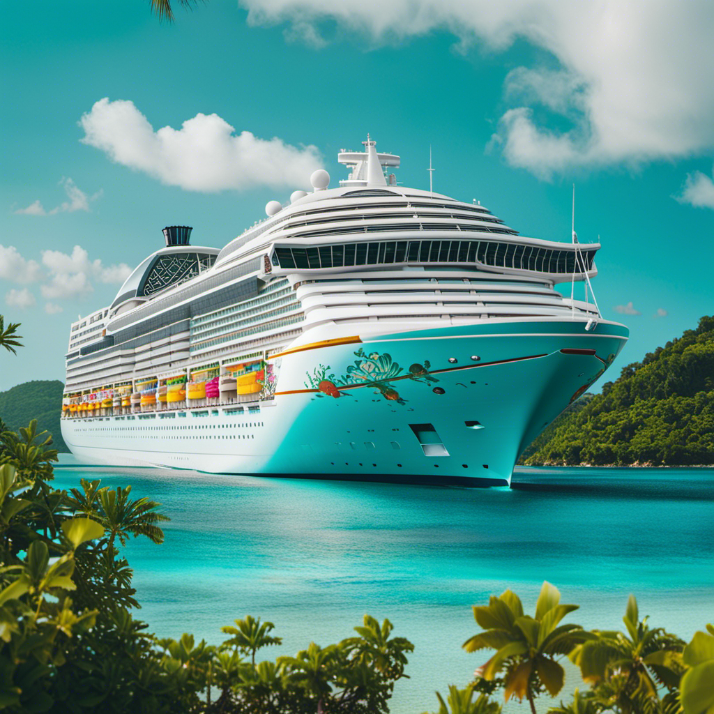 An image showcasing a vibrant cruise ship sailing through crystal-clear turquoise waters, surrounded by lush tropical islands