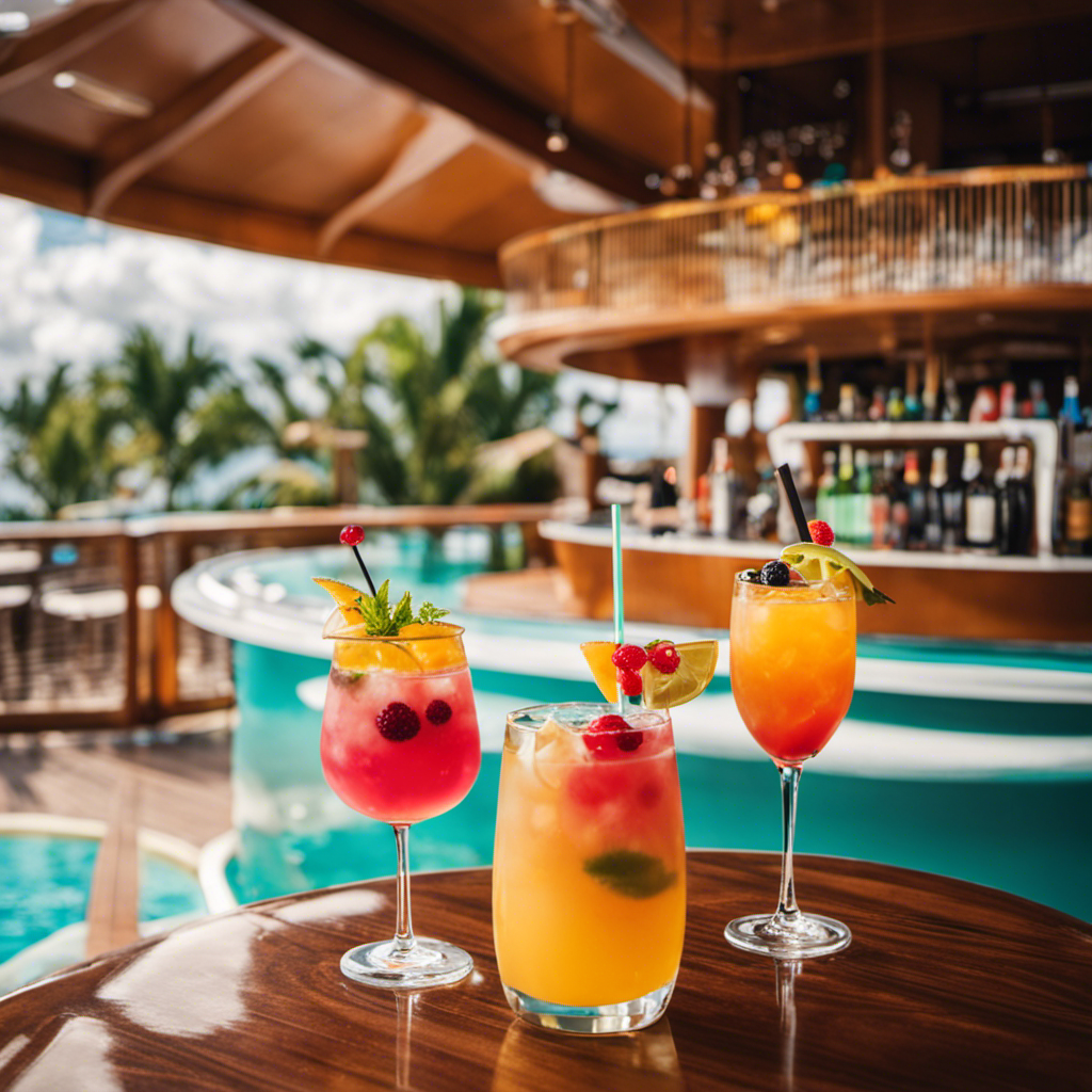An image showcasing a vibrant poolside bar on a cruise ship, teeming with diverse drink options