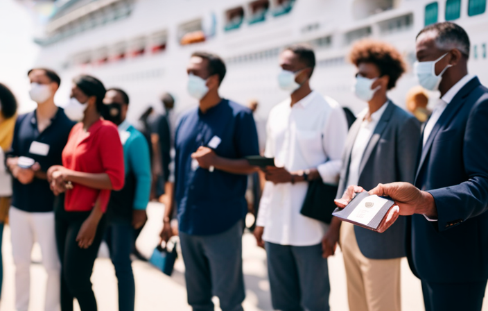 An image featuring a diverse group of people holding vaccination passports, standing in a long queue outside a cruise ship