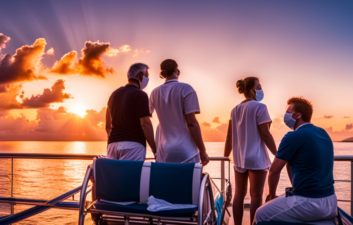 An image capturing the chaos and tension onboard a cruise ship: passengers wearing masks, crew members frantically disinfecting surfaces, and officials engaged in heated discussions over COVID protocols, all against a backdrop of a stunning ocean sunset