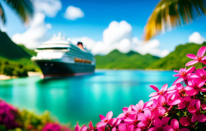 An image showcasing a luxurious cruise ship sailing through crystal blue waters, with a backdrop of lush tropical islands