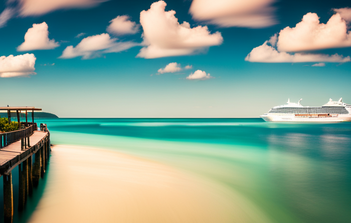 the heartwarming scene of a majestic cruise ship anchored in turquoise waters, as its crew members tirelessly distribute essential supplies and provide comfort to grateful Bahamian locals amidst the devastation caused by a natural disaster