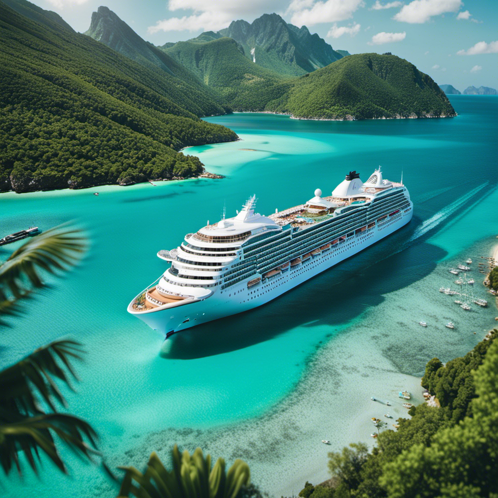 An image showcasing a majestic cruise ship sailing through crystal-clear turquoise waters, with vibrant coastal landscapes in the background