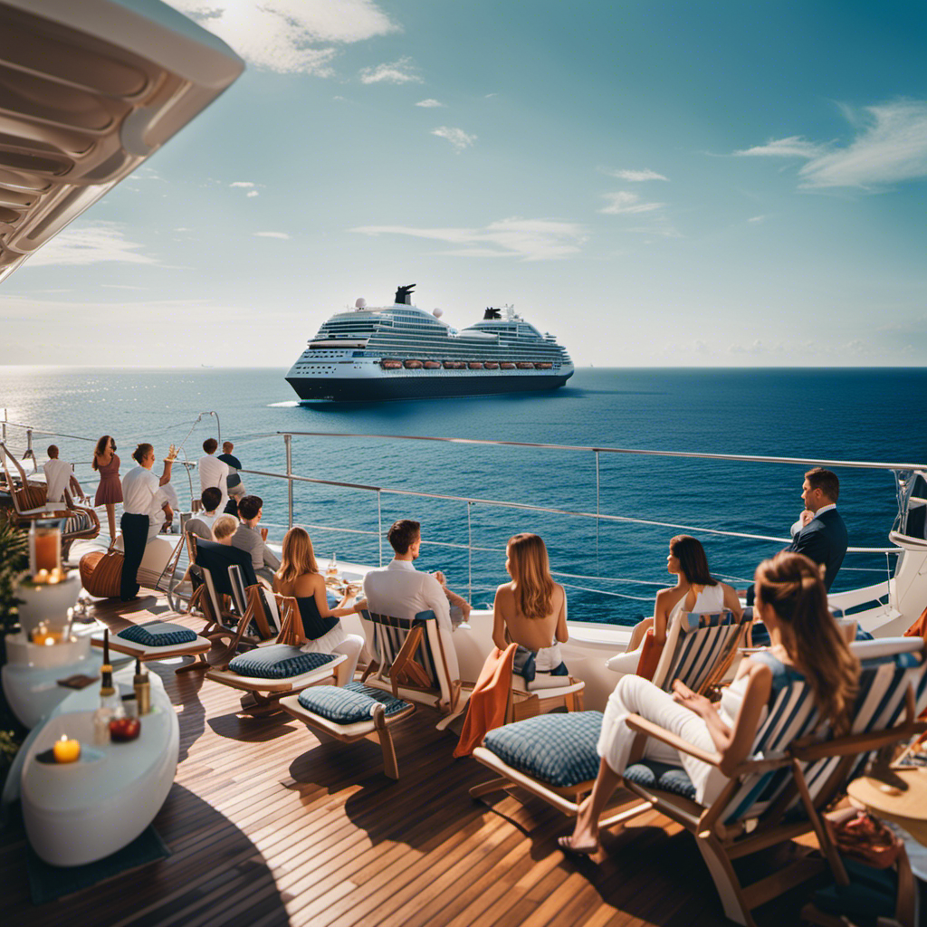 An image featuring a cruise ship at sea, with passengers joyfully relaxing on deck chairs, while others attend a luxurious cocktail party