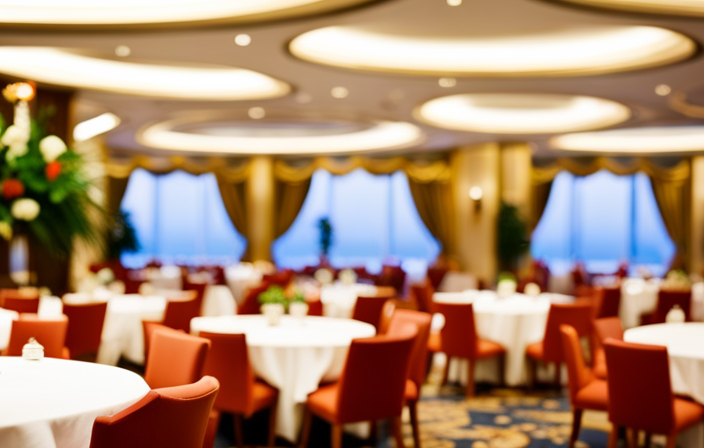 An image showcasing an inviting cruise ship dining room adorned with elegant chandeliers, adorned tables draped in white linen, and an array of delectable international dishes, each meticulously crafted and garnished