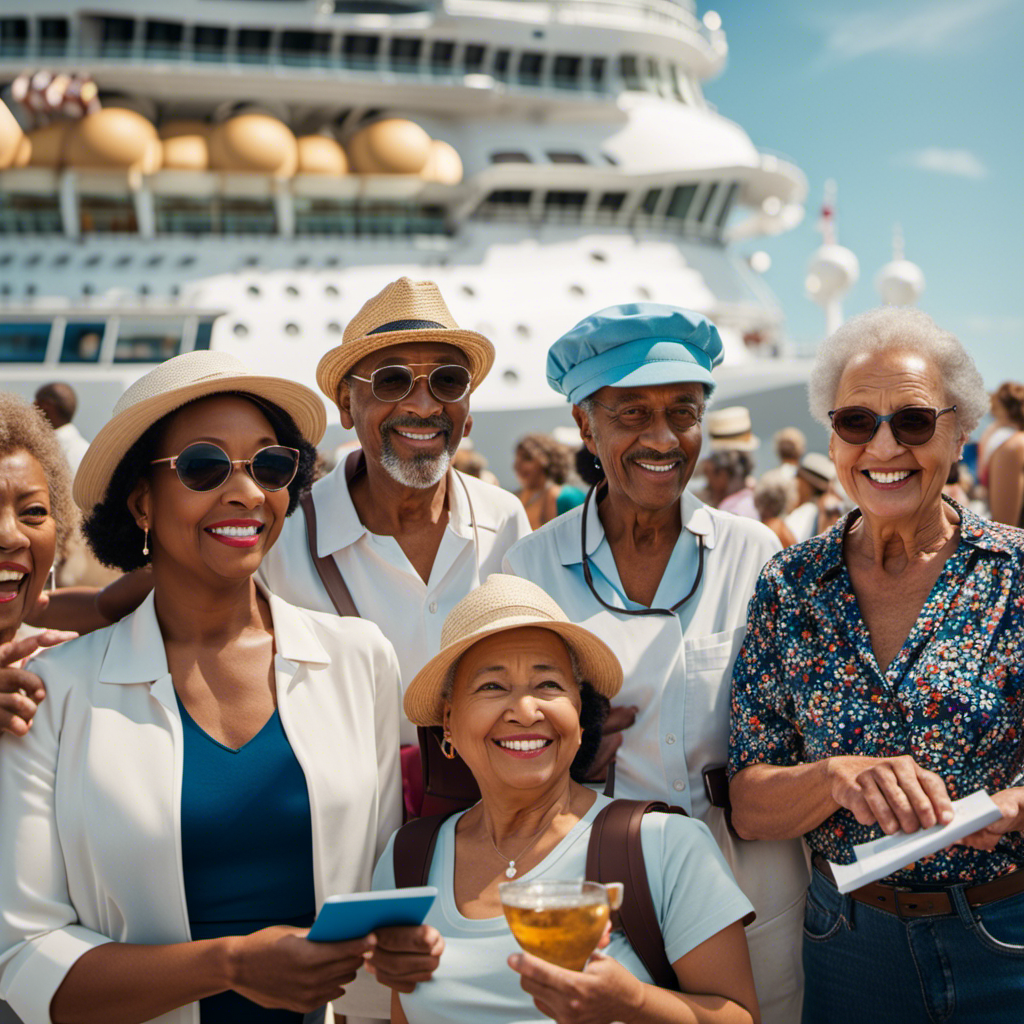 An image showcasing a diverse group of people of all ages and ethnicities, happily boarding a cruise ship