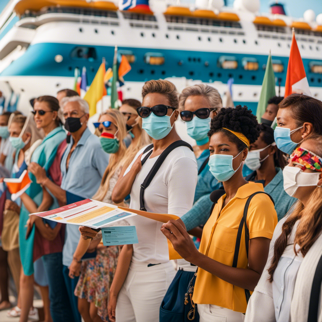 An image showcasing a vibrant cruise ship adorned with colorful flags, where a diverse group of passengers wearing masks stand in a well-organized queue, presenting their vaccination certificates for verification by cheerful crew members