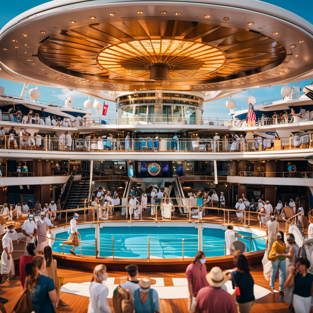 An image showcasing a bustling cruise ship deck, adorned with vibrant banners displaying revised mask rules