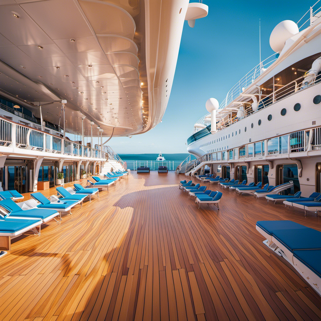 An image capturing a bright, sun-soaked cruise ship deck adorned with health and safety measures such as temperature scanners, hand sanitizing stations, and vaccinated passengers enjoying outdoor activities, symbolizing Cruise Lines' Covid Booster Requirements: An Overview